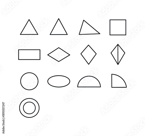 Black Line Geometry Icons. Flat Geometry. Line icon set of Flat Geometry: equilateral triangle, isosceles triangle, scalene triangle, square, rectangle,