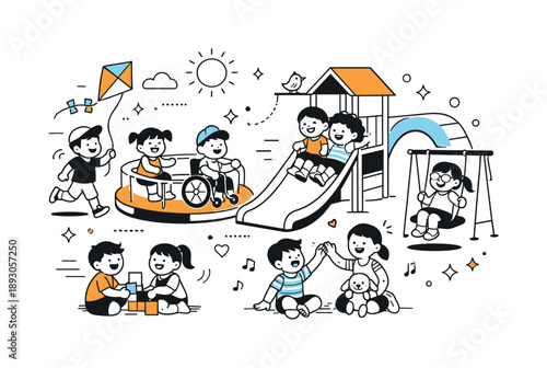 Joyful Inclusive Playground. Inclusive playground happiness. Children laughing and playing freely across the playground. Sense of belonging, joy and shared