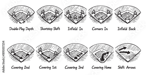Hand-drawn style illustration of baseball infield defensive shifts, diagrams show player positioning and movement in various situations. Useful for coaching or explaining strategy.