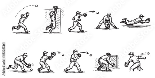 Hand-drawn sketches showing a baseball player in various fielding and catching positions, showcasing the action of throwing, diving, and catching. Isolated on white background.