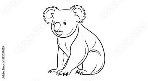 Black and white line drawing of a smiling koala sitting on hind legs
