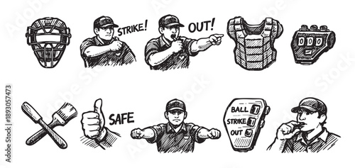 Black and white sketch illustrations of a baseball umpire, showcasing calls like strike, out, and safe, alongside equipment. Can be used for sports graphics.