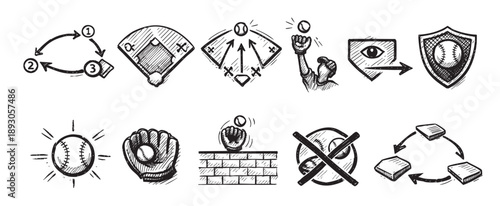 Hand-drawn style sketches illustrate various aspects of baseball, including game strategy, playing field, action, and safety, all in black and white.