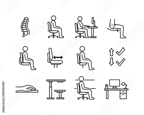 Ergonomic Icon Set. Ergonomic sitting. Line icon set of Ergonomic sitting: spine support, correct posture, ergonomic desk, knee angle, seated posture, chair