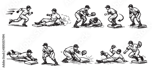 Illustration showcasing baseball player action sequence, including running, sliding into base, and tagging the base, presented in a black and white line art style.