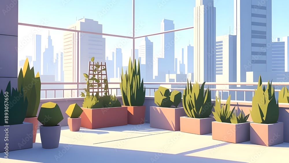 Fototapeta premium Rooftop garden with potted plants overlooking a modern city skyline