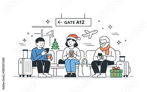Relaxed Airport Waiting. Holiday airport travel waiting gate. Travelers sitting near a gate with coffee cups and phones. Quiet pause and relaxed holiday mood
