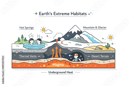 Earth Habitats Diagram. Earth?s extreme habitats. A simplified cross-section shows hot springs, underground heat, and surrounding terrain. Educational clarity,