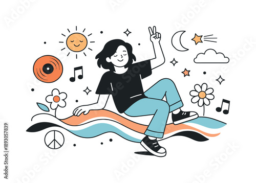 Psychedelic Retro Vibes. Retro psychedelic lifestyle scene. A relaxed character sitting or dancing among flowing shapes and symbolic objects like music notes