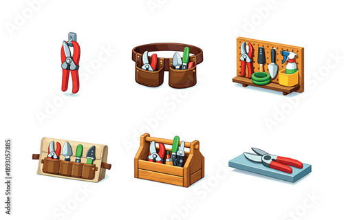 Organized Tool Storage. Tool Storage. Isometric flat vector icons set of Tool Storage: hanging shears on hook, tool belt with shears, garden shed wall setup,