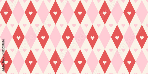 Coquette rhombus seamless pattern. Girly plaid texture in red and pink colors. Argyle cute diamond pattern with hearts. Holiday circus print for Valentines' day, wedding, birthday, wrap.