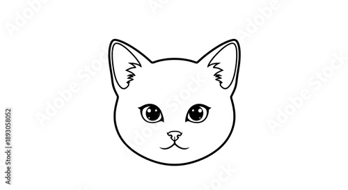 Black and white line drawing of a cat face with large round eyes