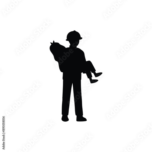 Rescuer at work. Man in specialized protective suit and helmet carrying a small girl in arms. Black-and-white sign