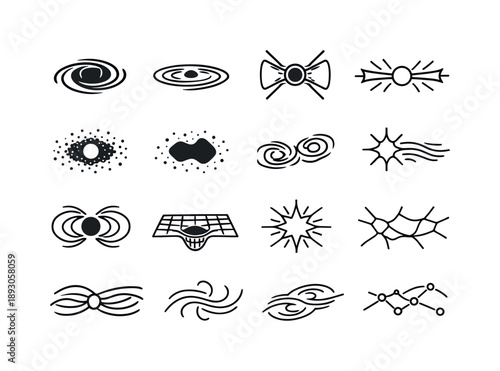 Black Hole Intricacies. Galactic phenomena. Line icon set of Galactic phenomena: black hole core, accretion disk, pulsar beams, quasar emission, dark matter