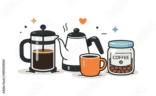 Cozy Coffee Corner. Home coffee brewing setup. French press, kettle, mug, and coffee jar placed together, showing relaxed preparation and cozy kitchen moment.