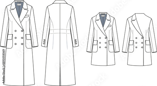 Double-breasted coat technical flat, long trench design with buttons, lapel collar, tailored outerwear fashion cad drawing flat vector illustration