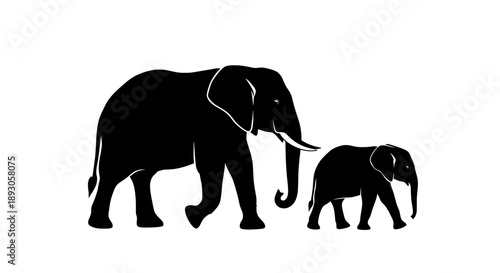 Black white silhouette elephant baby walking together minimalist