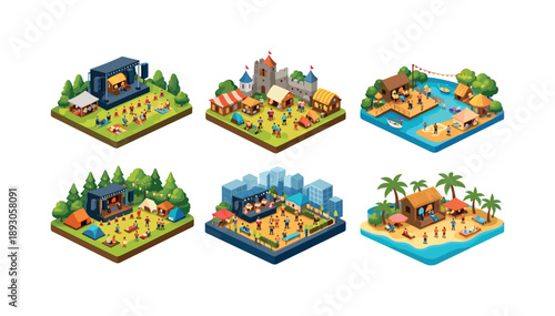 Festival Icons Grid. Festival destinations. Isometric flat vector icons set of festival destinations: open-air concert park, medieval fair town, lakeside