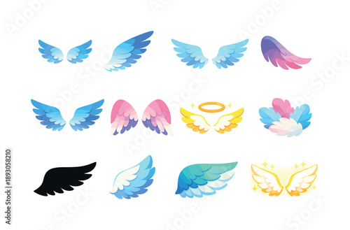 Colorful Angel Wings Icons. Angel wings. Colorful flat vector icons set of angel wings: small feathered wing, large feathered wing, symmetrical wing pair,
