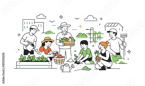 Community Urban Garden. Urban gardening community. Neighbors working together in a small shared garden between buildings. Friendly collaboration and local