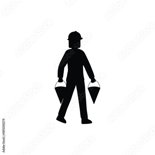 Woman firefighter on scene. Specialist firefighter carries two conical buckets of water in arms. Black-and-white silhouette.