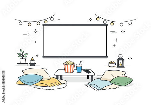 Cozy Home Theater. Home theater setup. TV or projector screen with a simple living room arrangement including pillows, blankets, and small decorative lights,