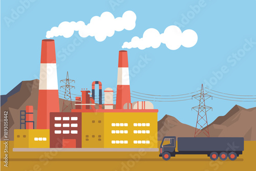 Industrial factory building with smoking chimneys and cargo truck for manufacturing, pollution, and global energy production concept. Flat vector illustration of a manufacturing power plant with smoke