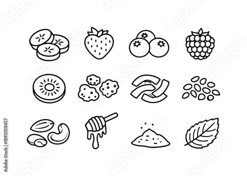 Smoothie Bowl Icons. Smoothie bowl toppings. Line icon set of Smoothie bowl toppings: sliced banana, strawberry, blueberry, raspberry, kiwi slice, granola