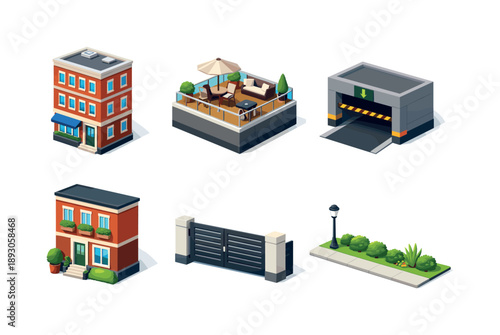Colorful Urban Icons. Urban living. Isometric flat vector icons set of urban living: city house facade, rooftop terrace, parking garage entrance, street level