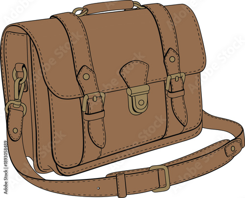 Brown leather briefcase bag, vintage business satchel, professional office handbag, adjustable strap, buckle closure, messenger shoulder bag, classic design