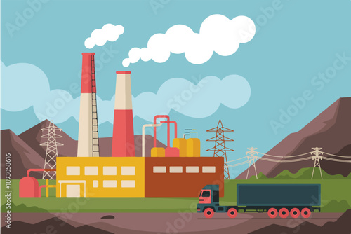 Industrial factory building with smoking chimneys and cargo truck for manufacturing, pollution, and global energy production concept. Flat vector illustration of a manufacturing power plant with smoke