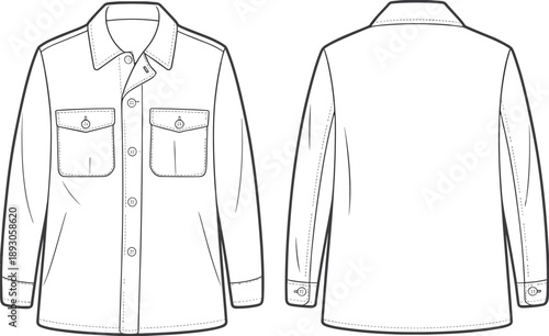 Button front long sleeve jacket with chest pockets, cad drawing technical flat vector illustration, fashion apparel design, garment sketch