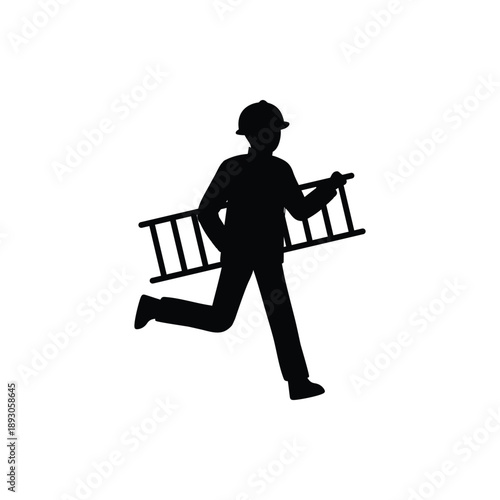 Fire escape. Man in firefighter suit and protective helmet runs to assist. Vector Black-and-white silhouette sign.