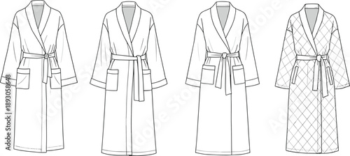 CAD drawing flat vector illustration of bathrobe fashion technical sketch with belt, pockets, quilted and plain designs