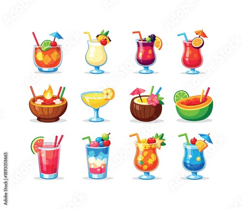 Tropical Drinks Icons. Tropical Drinks. Colorful flat vector icons set of Tropical Drinks: mai tai, pina colada, rum runner, hurricane glass, tiki bowl, banana