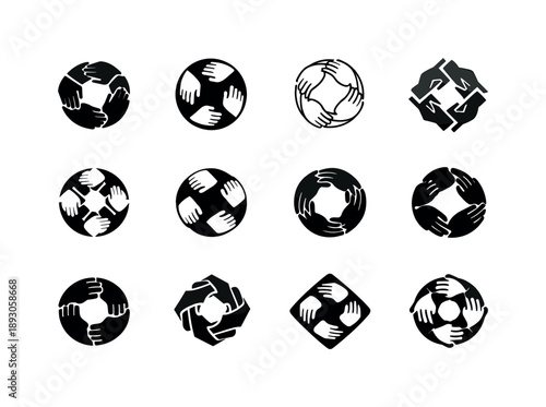 Connected Communities Logos. Connected communities. Icon set. Set Logo of connected communities: hands joined in unity circle. harmonious logo variations of