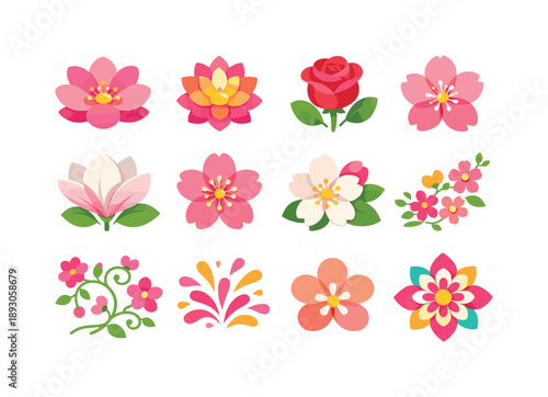 Floral Bloom Icons. Floral bloom. Colorful flat vector icons set of Floral bloom: open flower, layered petals, blooming rose, cherry blossom, magnolia flower,