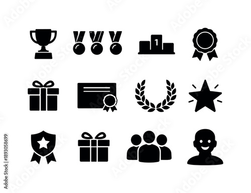 Competition Awards Icons. Competition Awards. Solid icon set of Competition Awards: trophy, medals set, ranking podium, gold ribbon, prize box, winning