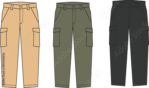 Cad drawing flat vector illustration of cargo pants front view in 3 color variations, fashion technical sketch for menswear design