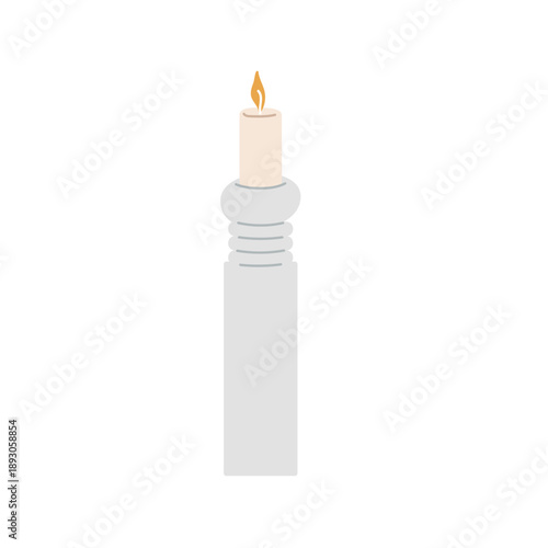 Small burning candle with flame on wooden candle holder. Flat vector illustration for romantic evenings and indoor lighting
