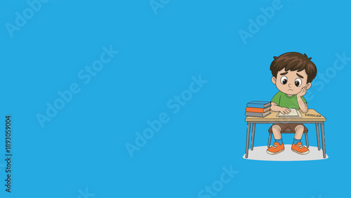 Sad student boy sitting at school desk with books banner with copy space feeling bored or tired of studying, education and learning concept illustration.