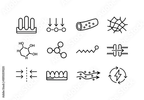 Nutrient Absorption Icons. Nutrient Absorption. Line icon set of Nutrient Absorption: intestinal villi, nutrient arrows, blood vessels, capillary network,