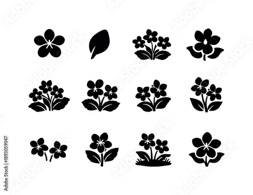 Violet Icon Set. Violet. Solid icon set of Violet: violet flower, flower petal, blooming violet, floral silhouette, garden violet, wild violet, delicate