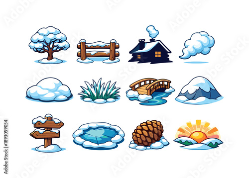 Snowy Countryside Icons. Snowy countryside. Colorful isometric vector icons set of snowy countryside: snow-covered tree, wooden fence, cabin silhouette,