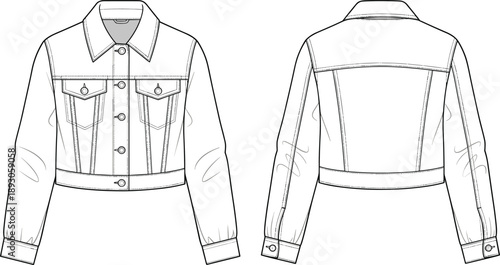 Cad drawing flat vector illustration of cropped denim jacket with button front, patch pockets, cuff sleeves, fashion sketch, technical design
