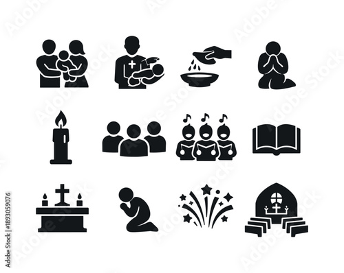 Baptism Ceremony Icons. Baptism ceremony. Solid icon set of baptism ceremony: parents holding child, pastor blessing, water pouring, prayer moment, lit candle,