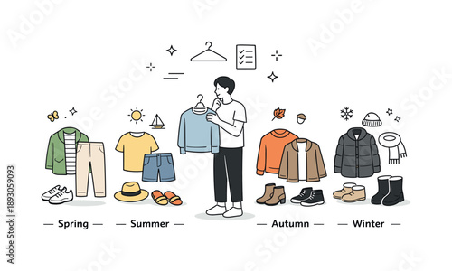 Seasonal Wardrobe Selection. Seasonal wardrobe overview. A person standing near a neatly arranged set of clothes for different seasons, calmly choosing an