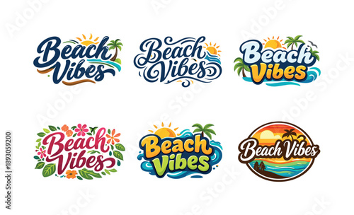 Beach Lettering Styles. Beach Vibes. Set lettering. harmonious lettering variations of the same emblematic concept, each with different artistic interpretation