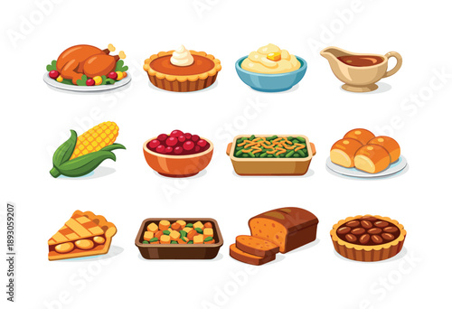 Thanksgiving Feast Icons. Thanksgiving Feast. Colorful flat vector icons set of Thanksgiving Feast: turkey platter, pumpkin pie, mashed potatoes, gravy bowl,