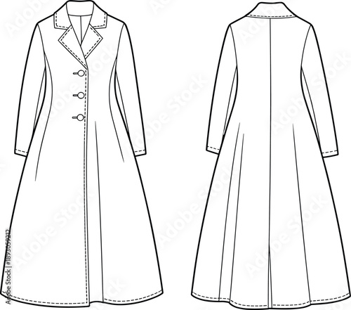 CAD drawing flat vector illustration of long trench coat with lapel collar, front buttons, tailored silhouette, and minimalist fashion design